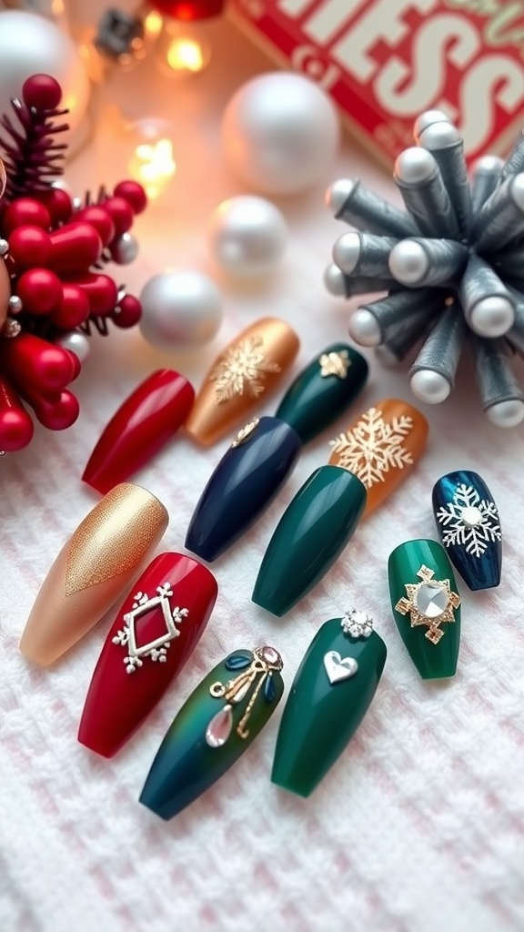 Classy Christmas Nail Art Inspiration A collection of classy Christmas nail designs in red, gold, navy, and green, showcasing elegant patterns and festive accents.
